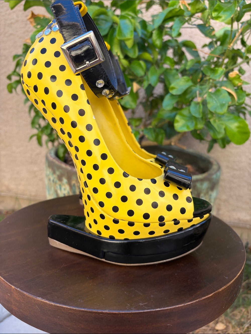 Yellow and Black Polka Dot Wedge Sandals with Ankle Strap gravity